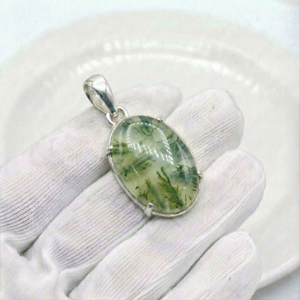 Pendentif ovale en agate mousse, argent sterling 925, serti à griffes, bijoux fins pour femmes, bijoux en argent fin faits à la main, vente en gros - Product Image 1