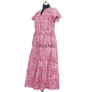 เดรสทรงเอลายดอกไม้หวานๆ สไตล์มิดิสำหรับผู้หญิง คอวี แขนสั้น มีเชือกผูกเอว นำเข้าจากอินเดีย กำลังเป็นที่นิยม - Product Image 3