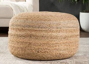 Pouf Ottoman Footrest 20.5" <b>Round</b> X 10.5" High Natural Woven <b>Cushion</b> Farmhouse Design for Hotel Bedroom Apartment - Product Image 2