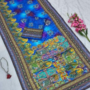 Sari en soie de qualité supérieure avec de véritables broderies miroir, broderies Zari dorées, broderies Chakri, motifs diamantés, magnifique imprimé, sari de créateur pour mariage et fêtes. - Product Image 4