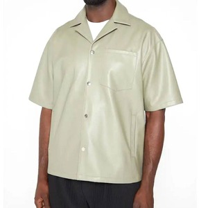 Chemise à manches courtes en cuir véritable tricoté pour homme, coupe oversize, qualité supérieure, col rabattu, boutons-pression, style décontracté - Product Image 2