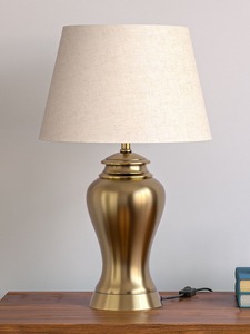 Modern Brass Finish Table Lamp Pleated Beige Shade Decorative Bedside <b>Desk</b> Light for Bedroom Living <b>Room</b> - Product Image 3