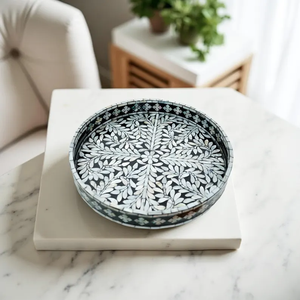 Bandeja con Incrustaciones de Madreperla, Bandeja Redonda Decorativa para Servir, Bandeja con Diseño de Hojas, Decoración para Mesa de Centro por PERFECT ENTERPRISES - Product Image 3