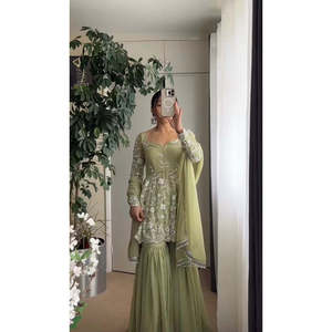 Women's Fancy Party Wear <b>Top</b> Sharara Dupatta with <b>Stitched</b> Work - Product Image 2