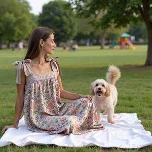 Robe longue en coton léger pour femme Pastel rose vert bleu jaune froncé buste et nœud papillon tenue décontracté - Product Image 1