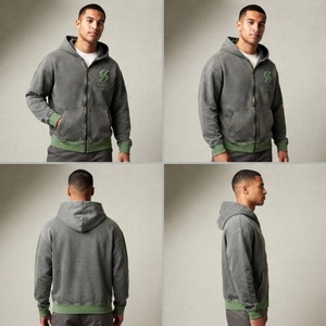 Sudadera con capucha gris para hombre, con cremallera, forro polar, ribete verde y logotipo bordado, bolsillo frontal, estilo casual para otoño - Product Image 2