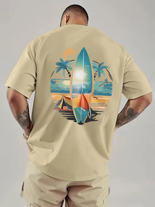 Men's Beige T-Shirt Short Sleeve O-Neck Digital <b>Print</b> Beach <b>Surf</b> Design Regular Fit 100% Cotton Jersey 220g Knit Breathable - Product Image 3