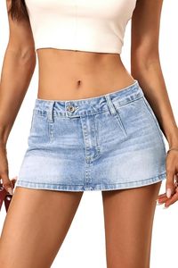 High Waisted Denim Mini <b>Skirt</b> Solid Color Stonewashed Casual Women's A-Line Fit Regular Size Summer Style - Product Image 2