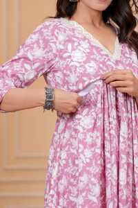Pink Floral Print Cotton Three Quarter Sleeve V-Neck Fit Flare Midi <b>Dress</b> with <b>Elastic</b> Waist Pleated Detail Casual Daily Wear - Product Image 5