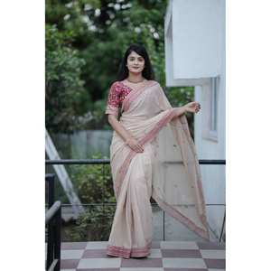 ชุดผ้าส่าหรีสีเบจสำหรับงานแต่งงานดีไซน์จาก RV Creation พร้อมด้าย zari ที่สวยงาม - Product Image 6