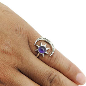 Natural Amethyst Gemstone Light Weight Silver <b>Rings</b> Crafted From 925 Sterling Silver Handmade Sun & <b>Moon</b> Design Boho <b>Ring</b> - Product Image 3