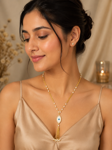 Collar Personalizado con Baño de Rodio, Colgante Marquise con Halo de Circonitas, Cadena con Borla de Perlas de Agua Dulce, Joyería Fina, Regalo para Mujer, Lariat - Product Image 1