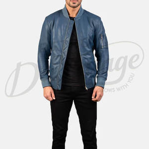 Blouson aviateur homme en cuir véritable bleu premium avec poche utilitaire sur la manche et bordure côtelée, coupe ajustée, style décontracté - Product Image 4