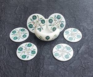 Taj White Marble Inlay <b>Crystal</b> Tea Coaster Set Decorative Kitchen Show Coasters Gift Set - Product Image 2