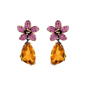 Pendientes Colgantes con Forma de Flor, con Engaste de Pavé Morado y Piedra de Citrino Natural, Joyería Fina Romántica para Mujer, Chapados en Oro de 18K - Product Image 3