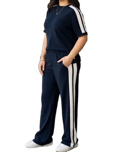 Ensemble 2 pièces pour femmes, t-shirt décontracté à col rond et manches courtes, pantalon de jogging, polyester/coton, écologique, toutes saisons - Product Image 1