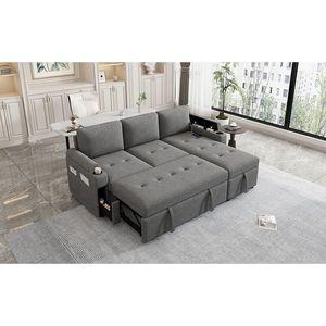 Divano letto componibile a L da 83,5 pollici con ampio spazio contenitore, due portabicchieri e due porte USB, per soggiorno - Product Image 4