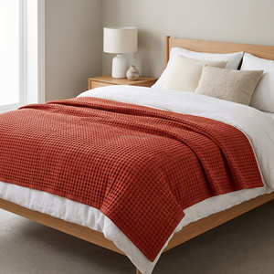Cotton Waffle Knit Bed <b>Blanket</b> Solid Red Rectangular Minimalist Style All Season Use Washable Eco Friendly Cotton <b>Blanket</b> - Product Image 1