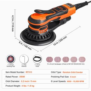 Lijadora orbital aleatoria eléctrica sin escobillas de 6 pulgadas y 350W con 10,000 RPM, 6 velocidades variables y 10 discos de lijado - Product Image 3