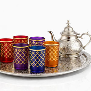 Service à thé marocain de luxe, 6 verres multicolores, un plateau, une théière, dans un coffret cadeau - Product Image 1