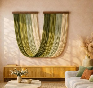 Large Green <b>Macrame</b>, Wall Hanging, Rope Curtain, Boho Fiber <b>Art</b> , for, Living Room - Product Image 2