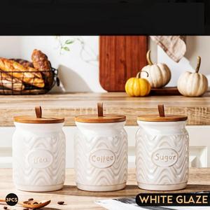 ชุดโหลเก็บของในครัวลายหินอ่อนสุดหรู พร้อมฝาไม้ไผ่ ช้อน และถาดเสิร์ฟ  ที่จัดระเบียบบนเคาน์เตอร์อย่างมีสไตล์ สำหรับน้ำตาลและชา - Product Image 4