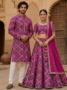 Pink <b>Sequin</b> Embroidered Couple Ethnic Wear Set Mens Kurta And Womens Lehenga Choli Wedding Party Traditional Indian Fashion - Product Image 1