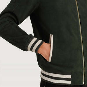 Furat Leathers Custom Green <b>Suede</b> <b>Men's</b> Winter Windproof Varsity <b>Jacket</b> Stand Collar Zipper Closure Personalized Embroidered - Product Image 3