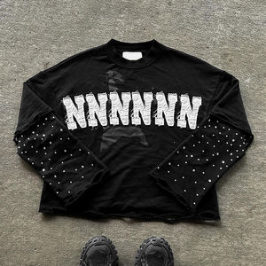 เสื้อยืดสตรีทแวร์ปักโลโก้ทรงบ็อกซี่ ล้างสีแบบแอซิดวอช แต่งคริสตัล แขนยาวสองชั้น สำหรับผู้ชาย - Product Image 1