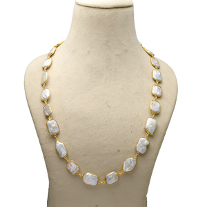Collier de perles de forme irrégulière de haute qualité, 32 pouces de long, avec sertissage sans fin, en laiton plaqué or, style vintage, pour soirée, unisexe - Product Image 3