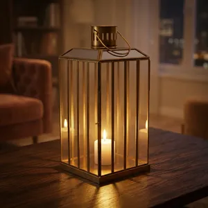ARTISAN DESIGN Handmade <b>Brass</b> <b>Lantern</b> with Glass Panels Irregular Shape Antique Finish for Home Decoration and Candle Holder - Product Image 1