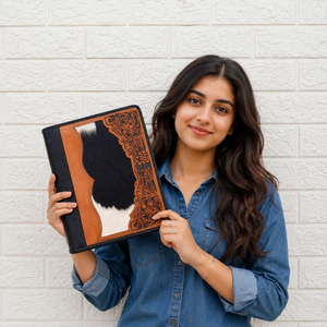High Quality Hand Tooled Zipper Lock Business Portfolio Binder Manufacture Cowhide leather Document <b>Folder</b> With <b>Card</b> Holder - Product Image 3