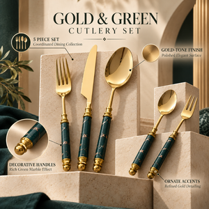 Juego de Cubiertos de Cinco Piezas con Mango de Mármol Verde Esmeralda y Detalles en Oro, Colección de Cubiertos para Comedor |   Vajilla de Acero Inoxidable de Lujo con Adornos - Product Image 5