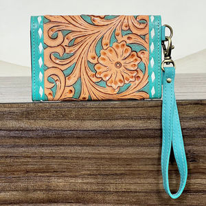 Vintage Fashionable 2026 Floral Western Style Genuine Cowhide Leather Cowgirl Wallet Pattern <b>Wristlet</b> Clutch for Travel Organize - Product Image 5