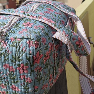 Floral Print Quilted <b>Duffel</b> <b>Bag</b> With White Striped Handles Lightweight Portable Travel Weekender <b>Bag</b> - Product Image 6