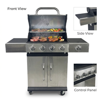 Barbecue au propane d'extérieur avec quatre brûleurs, zone de cuisson latérale, armoire de rangement et chariot mobile