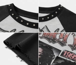 Camiseta Oversize de Manga Corta con Cuello Redondo, Estilo Streetwear Americano, con Lavado Ácido, Pedrería y Logotipo Desgastado, para Hombre y Mujer, Vintage, con Efecto Drip y Brillo, Premium - Product Image 3