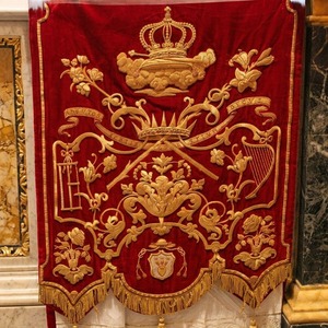 Custom Red Velvet Sew-On 3D Embroidered Religious <b>Banner</b> Crown and Harp Gold Christian Procession <b>Banner</b> - Product Image 1