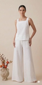 Robe débardeur en lin blanc à col carré sans manches avec pantalon large, coupe ample, respirante, tenue décontractée d'été, style minimaliste - Product Image 4