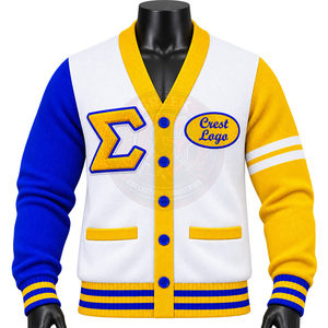 Cardigan en tricot personnalisé pour femme Sigma Gamma Rho, bleu et or, col en V, manches longues, lettres grecques brodées, style preppy - Product Image 3