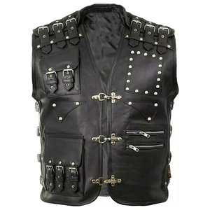 Chaleco de Cuero Genuino para Hombre, Estilo Motero, con Bolsillos y Remaches, Cierre de Tirantes, Hecho a Mano, Estilo Urbano Desgastado - Product Image 1