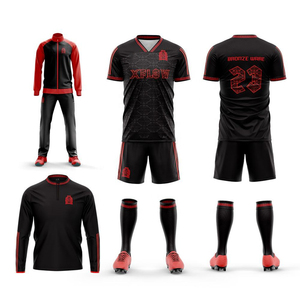 Ensemble de maillot de football pour homme XFLOW, noir et rouge, col en V, polyester sublimé, respirant, manches courtes, uniforme adulte, toutes saisons - Product Image 4