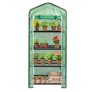 Serra da Giardino 69x49x160cm Nera con Struttura in Tubi di Ferro, Mini Supporto per Fiori a 4 Livelli, Griglia, Porta Avvolgibile con Cerniera e Telo in PE - Product Image 6