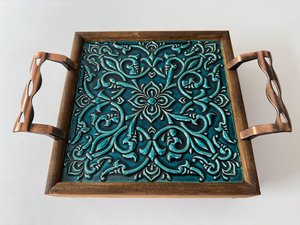Custom Wood Enamel Serving Tray with Ornamental Print Decorative Handles Handmade Rectangular <b>Platter</b> for Dining Table Kitchen - Product Image 5