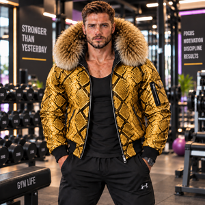 Men's Python Leather Hooded <b>Coat</b> with Genuine <b>Fox</b> <b>Fur</b> Trim Luxury Casual Motor Wear | Herren Lederjacke | Chaqueta Hombre Cuero - Product Image 1