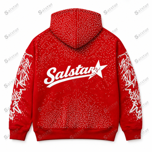 Custom <b>Red</b> Rhinestone Pullover Hoodie with Graphic Sleeves, Oversized Streetwear <b>Sweatshirt</b>, Premium Custom Logo Hoodie for <b>Men</b> - Product Image 4