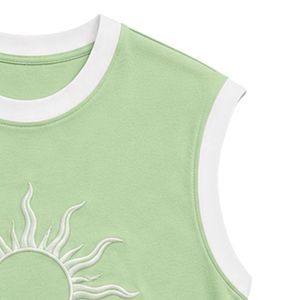 Camiseta sin mangas verde claro con diseño de sol bordado en blanco, chaleco informal de algodón para mujer, cuello redondo, tops de moda personalizados para verano - Product Image 6