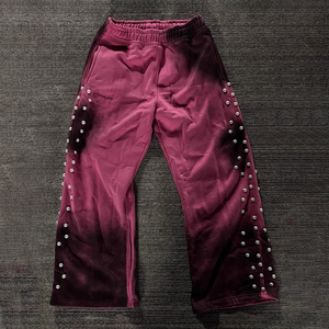 Pantalones Deportivos Personalizados Ecológicos, Transpirables, de Invierno, Unisex, Gruesos, 100% Algodón, con Tachuelas de Perlas, Estilo Vintage, Tie Dye, de Pierna Ancha - Product Image 2