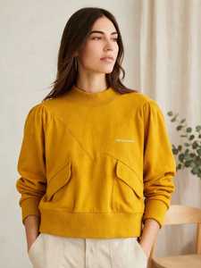 เสื้อฮู้ดผ้าฝ้ายผสมขนแกะสีเหลืองมัสตาร์ดสำหรับผู้หญิง มีซิป แขนพอง และกระเป๋าด้านหน้า - Product Image 4