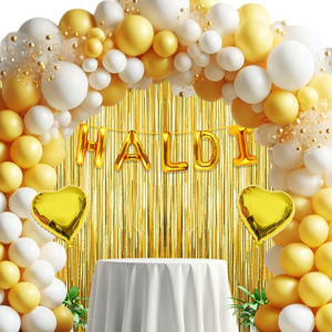 Kit Combinado Amarillo Metalizado para la Ceremonia Haldi |   45 globos amarillos y blancos y cortinas de papel de aluminio |   Bandera de Papel Metalizado Haldi - Product Image 1